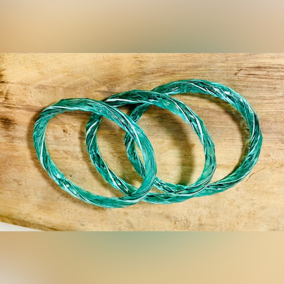VTG Venetian Italy Murano Glass Teal/Black/Wht Twisted Rope Bangle Bracelet Rare - Picture 4 of 4